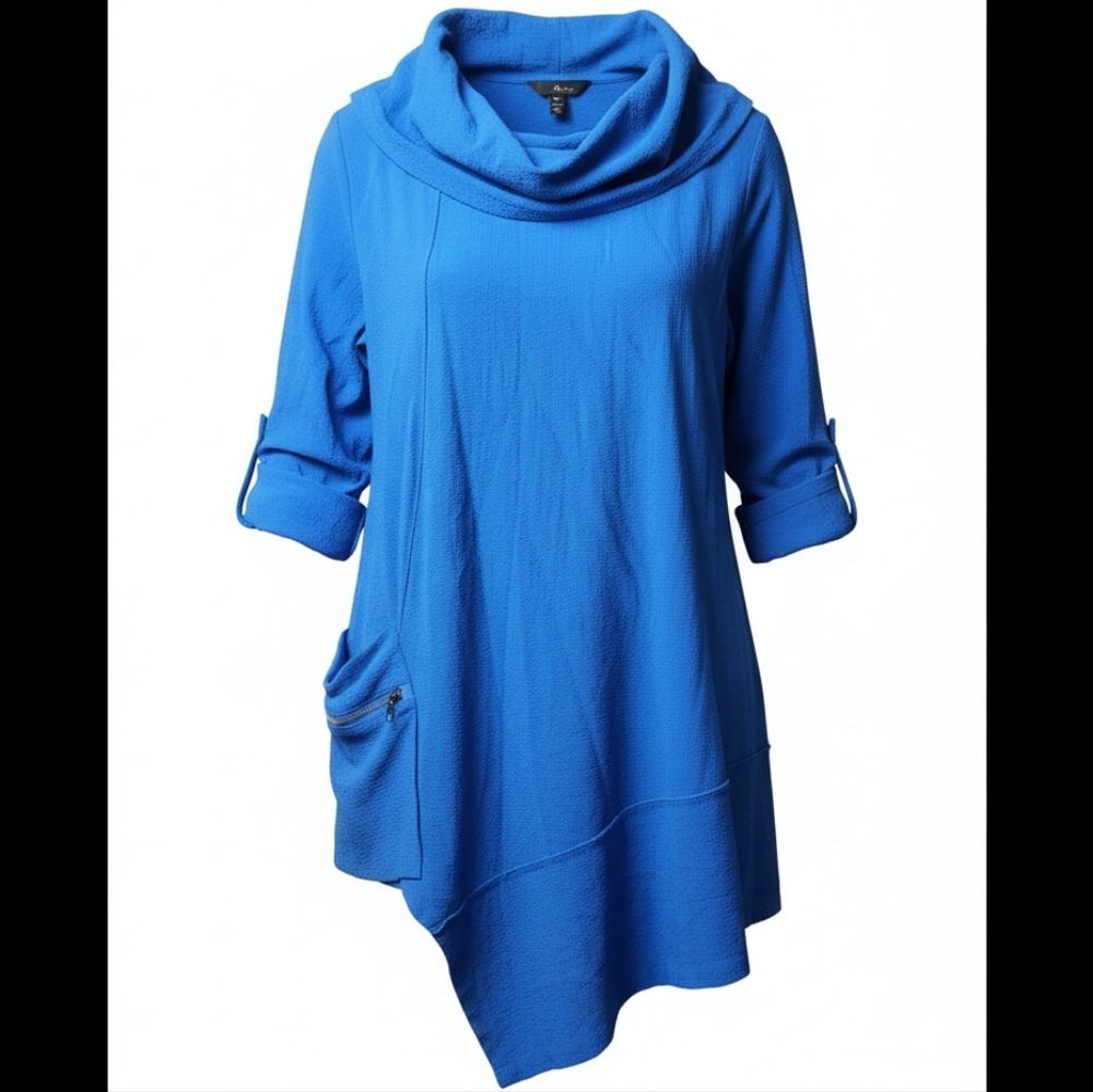 ALI MILES | Royal Blue Cowl Neck Asymmetrical Tunic Top - Artsy Lagenlook | 1X